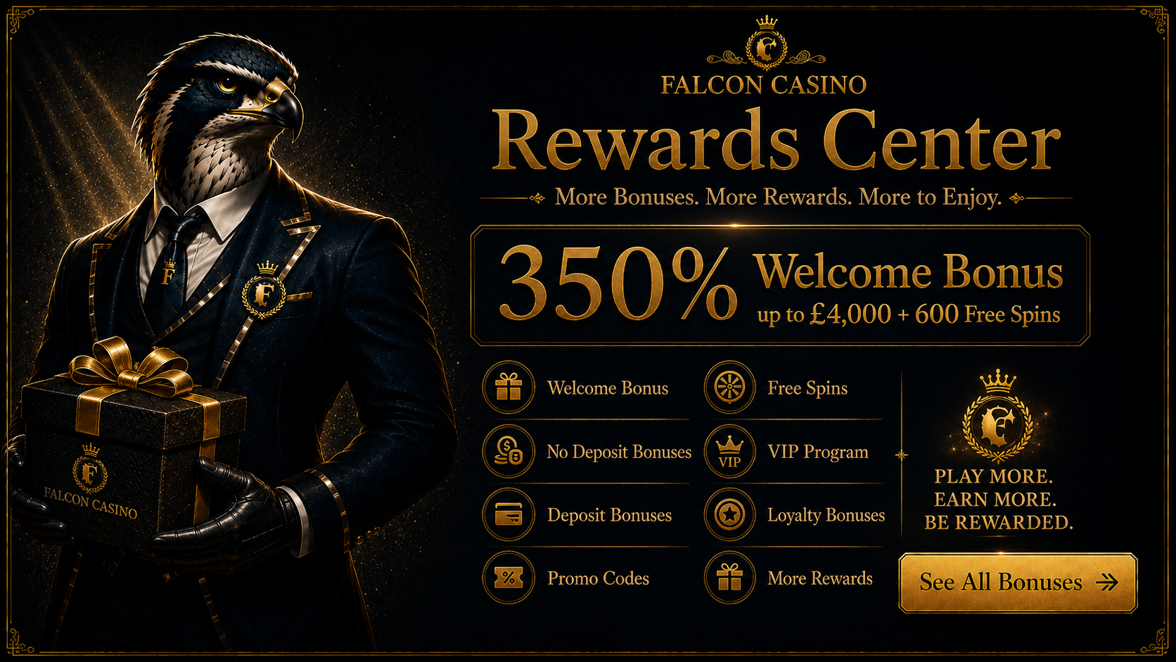 Falcon Casino Welcome Bonus – 350% up to £4,000 + 600 FS